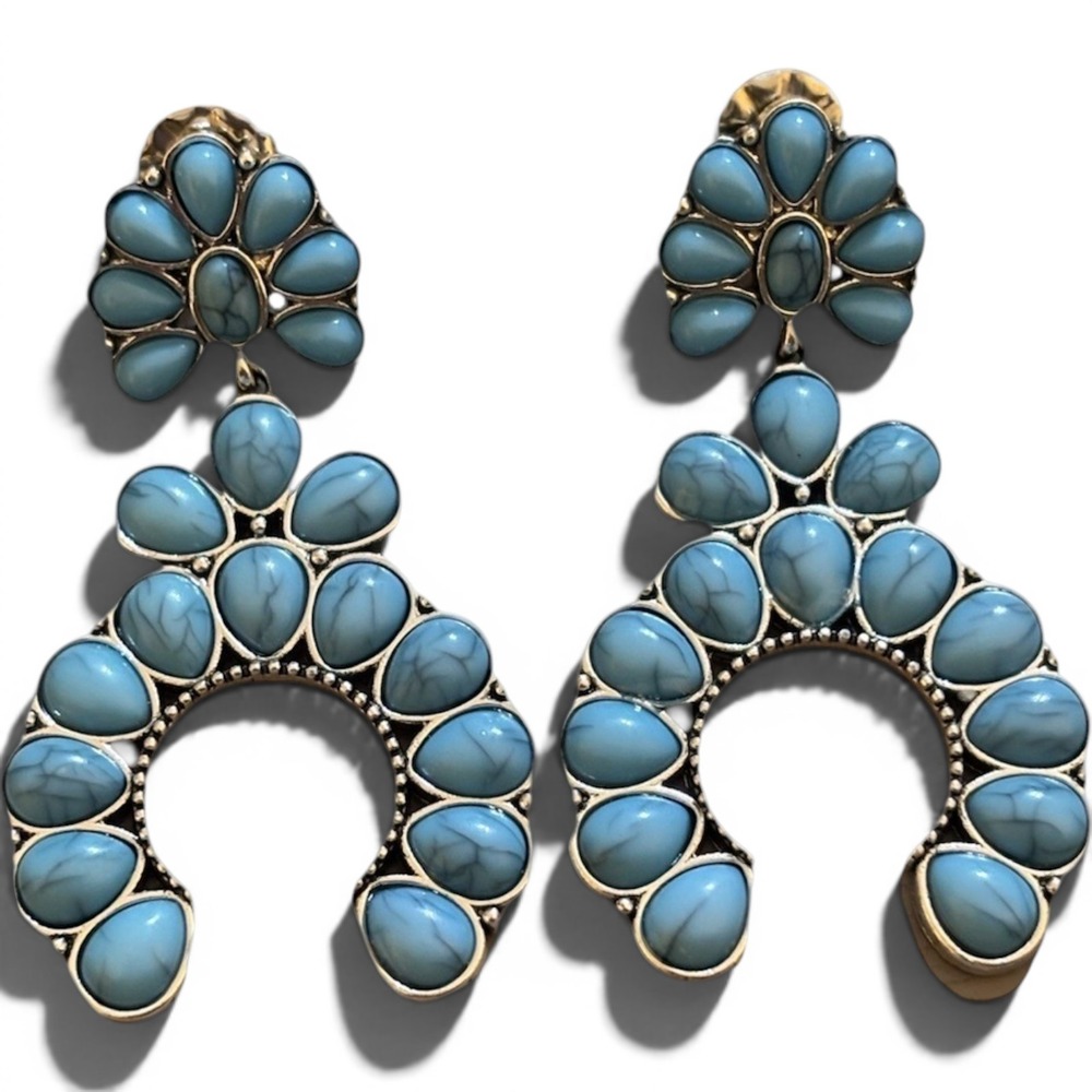 Faux Turquoise Naja Squash Blossom Chandelier Earrings Silver Gold Tone Boho